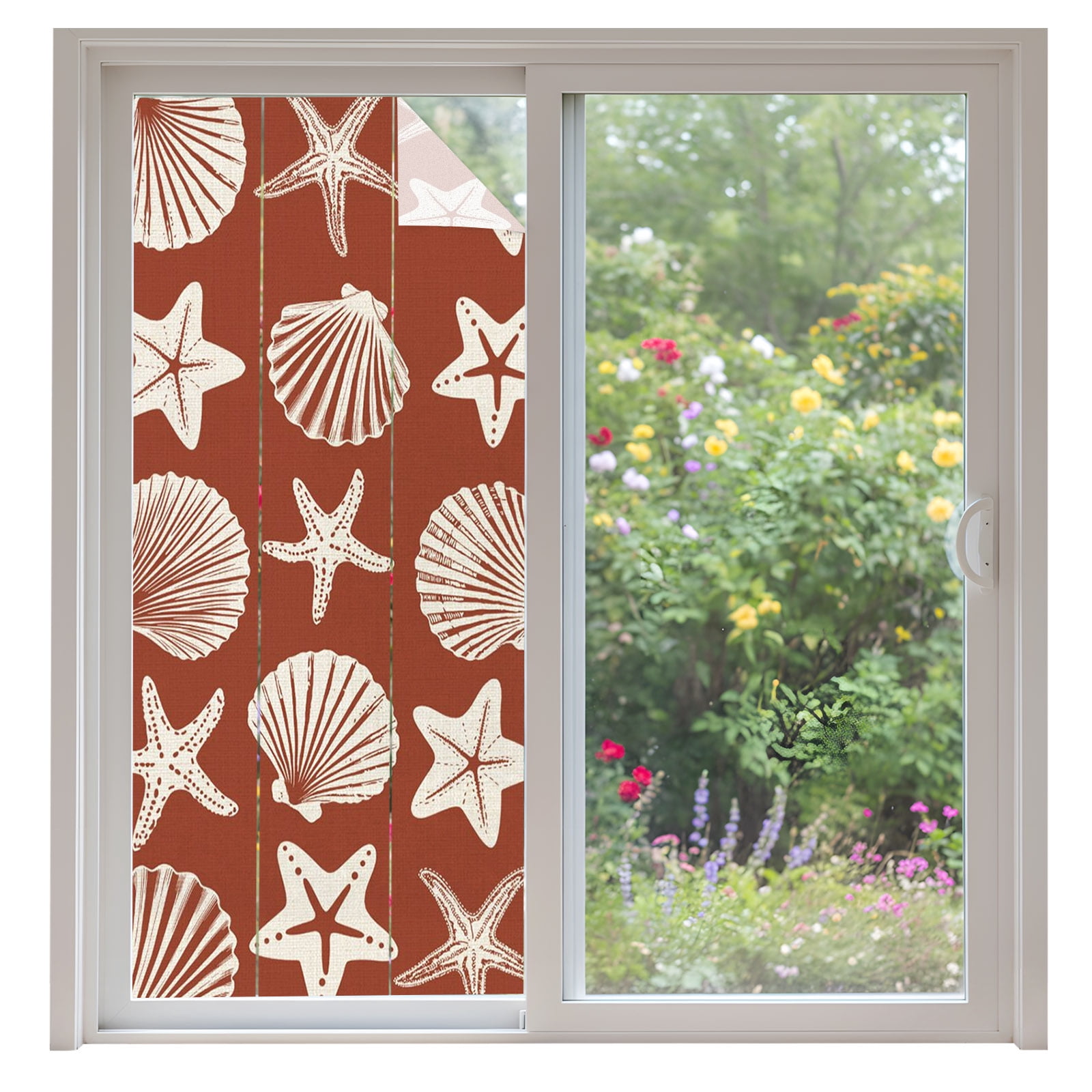 Brick Red Coastal Window Privacy Film, Starfish Shell Ocean Nautical ...