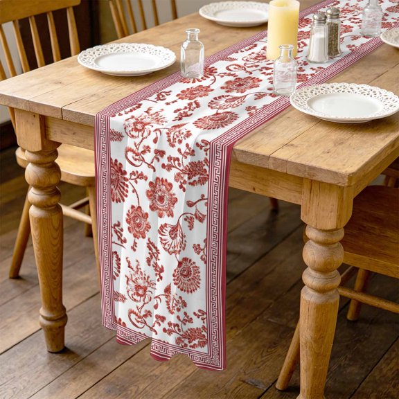 Brick Red Flower 4.5ft Cheesecloth Table Runner for Wedding 19"x55", Romantic Red Blossoms Border French Country Kitchen Dinner Sheer Tulle Chiffon Dresser Scarf, Holiday Party Decorations