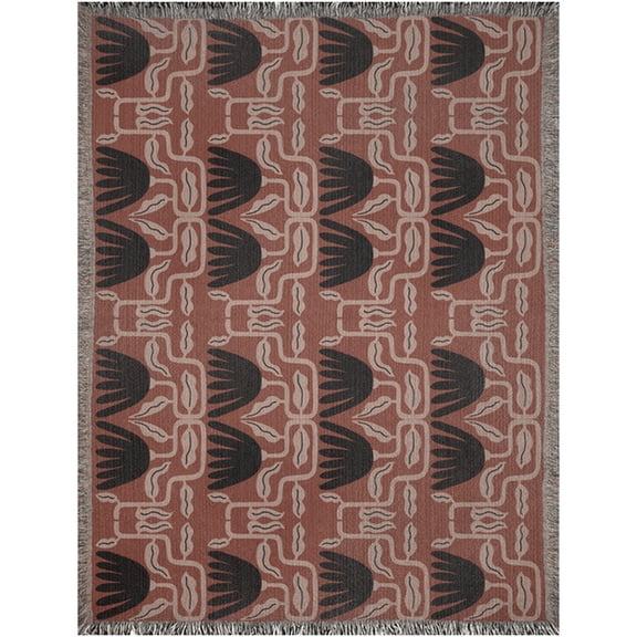 Brick Red Geometric Floral Woven Throw Blanket, 100% Cotton, Fringed Edges