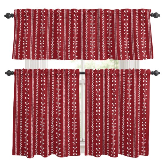 Brick Red Kitchen Curtains and Valances Set, Rustic Vertical Dashed Lines Shabby Chic Leaf Cottagecore Rod Pocket Window Valance Window Curtain Panels for Living Room Bedroom, 27.5x36in, 3 Pieces
