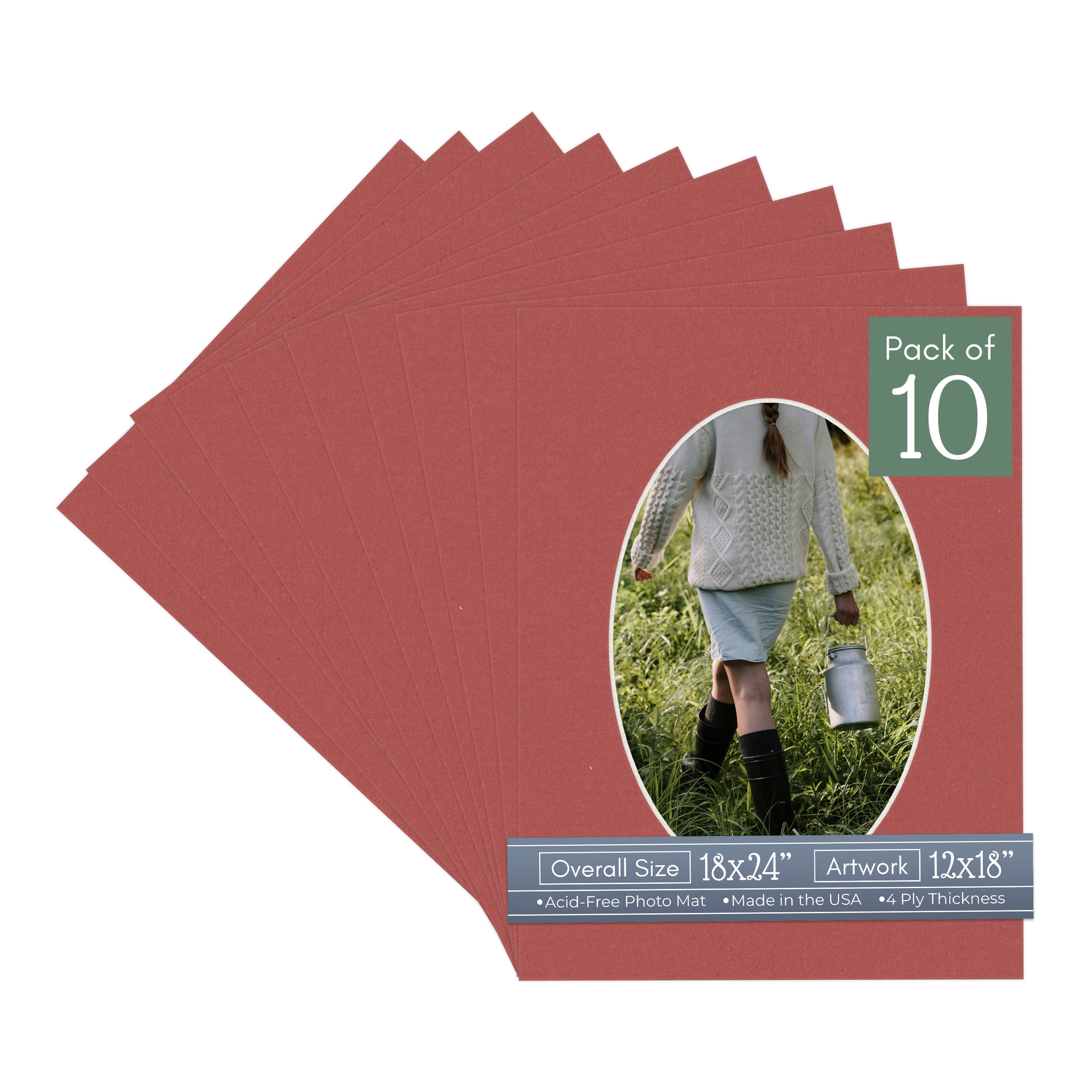 Brick Red Picture Frame Mat for 18x24 Frames - Oval Opening for 12x18 Photos - 10 Mats
