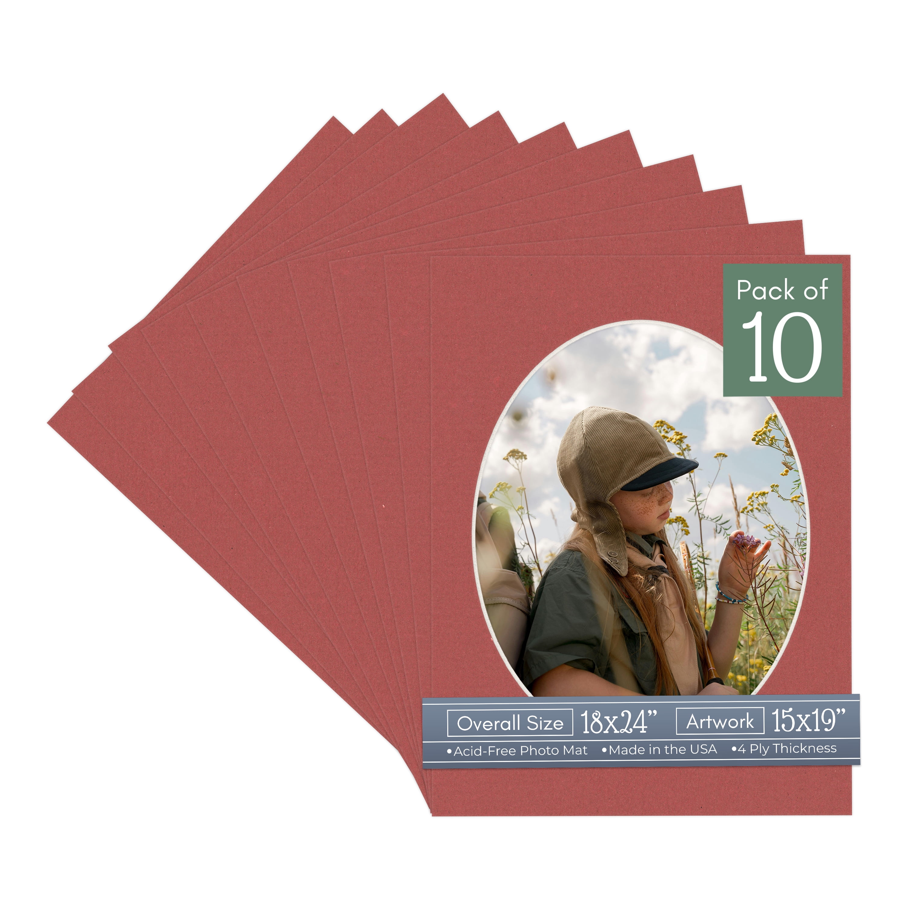 Brick Red Picture Frame Mat for 18x24 Frames - Oval Opening for 15x19 Photos - 10 Mats
