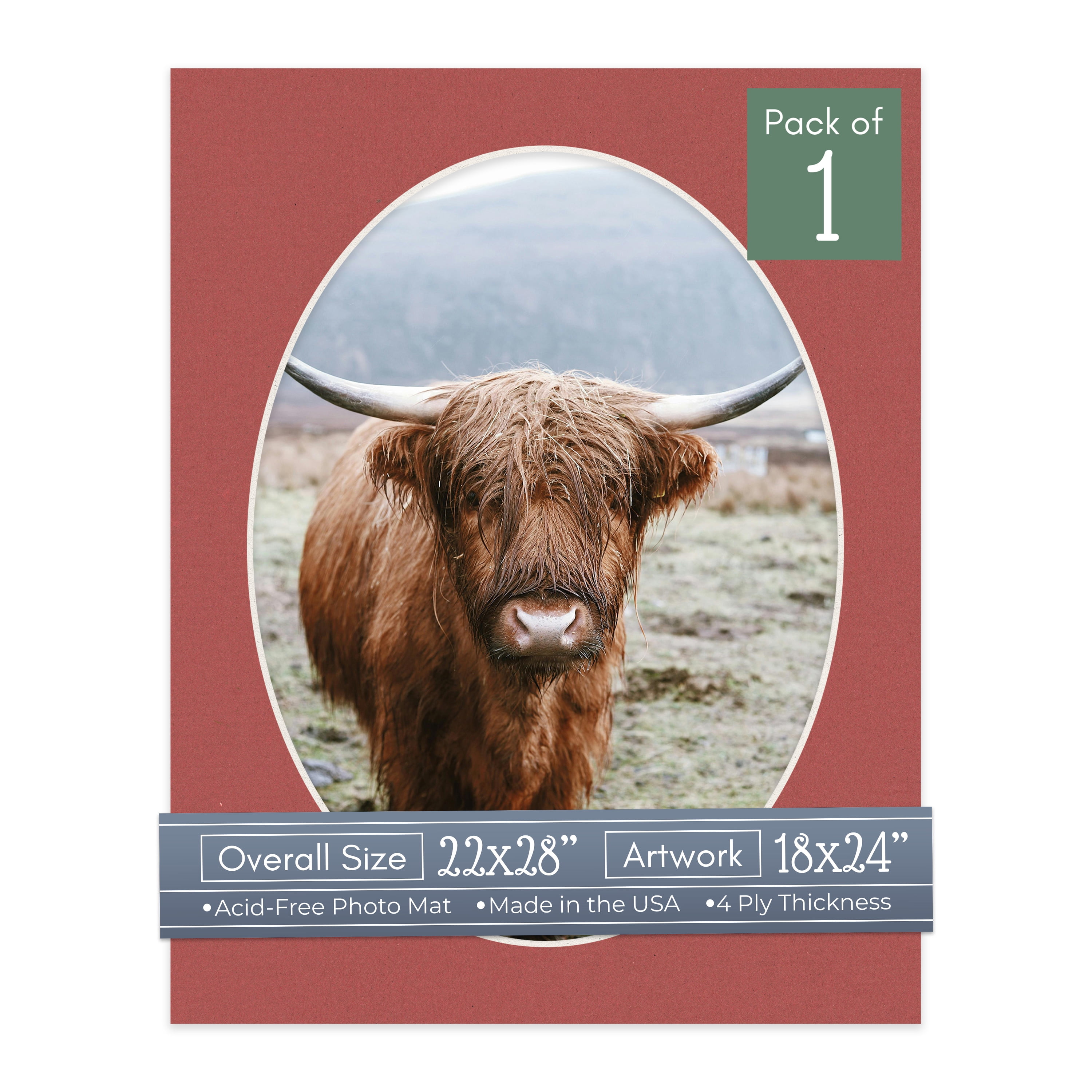 Brick Red Picture Frame Mat for 22x28 Frames - Oval Opening for 18x24 Photos - 1 Mat