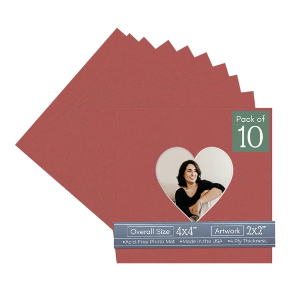 Brick Red Picture Frame Mat for 4x4 Inch Frames - Heart Opening for 2x2 Photos - 10 Mats