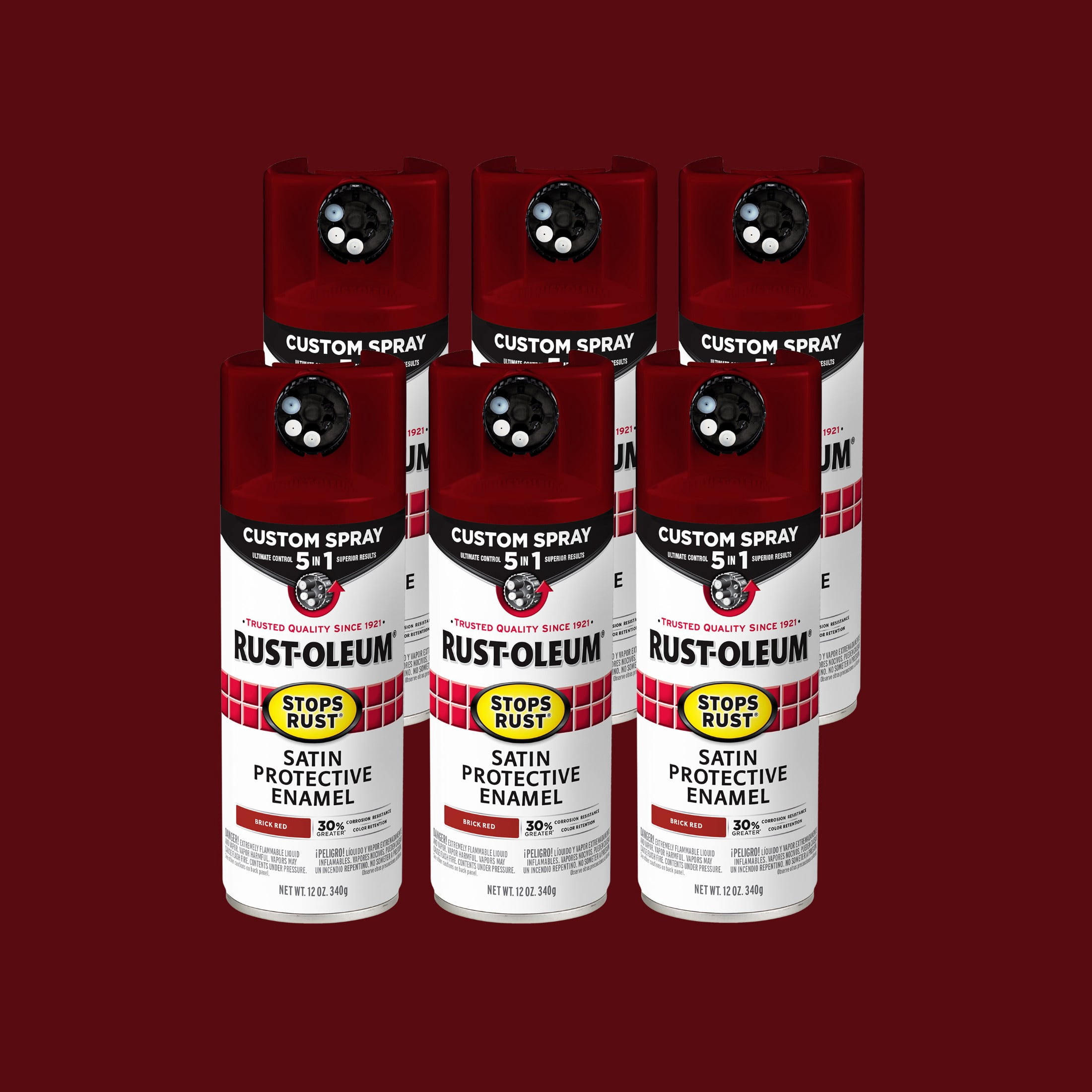 6 Pack, Brick Red, Rust-Oleum Stops Rust Custom Spray 5 in 1 Satin
