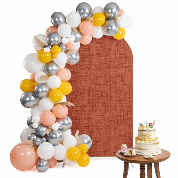 Brick Red Solid Arch Backdrop Cover 4FT Minimalist Cloth Rust Grain Linen Texture Spandex Fitted Arch Covers Stretchy Backdrop Decoration for Wedding Birthday Graduation Party