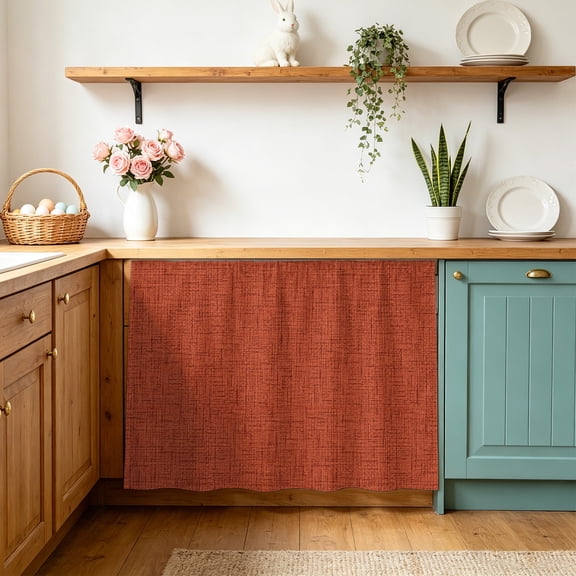 Brick Red Solid Cabinet Curtains 10" W x 11" L Minimalist Cloth Rust Grain Linen Texture Waterproof Adhesive Kitchen Under Sink Curtain Dust-Proof Dishwasher Skirt for Closet