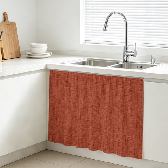 Brick Red Solid Cabinet Curtains for Kitchen 10"W x 11"L, Minimalist Cloth Rust Grain Linen Texture Under Sink Skirt Magic Tape Short Curtain Decorative Privacy Panel for Bathroom Laundry