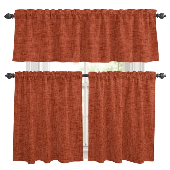 Brick Red Solid Kitchen Curtains Set for Windows, Minimalist Cloth Rust Grain Linen Texture Curtains Valance and Tier 3 Piece Set Small Drapes 36 Inch Length for Kitchen Bedroom Decor