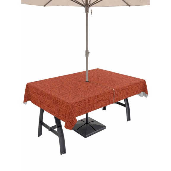 Brick Red Solid Rectangle Outdoor Tablecloth with Umbrella Hole Minimalist Cloth Rust Grain Linen Texture 52x70 Inch Waterproof Table Cover Zippered Table Cloth for Garden Patio