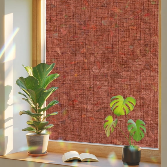 Brick Red Solid Window Privacy Film, Minimalist Cloth Rust Grain Linen Texture Stained Glass Rainbow Film Decorative Window Clings, Static Cling Sun Blocking Stickers 29.5" x 118"