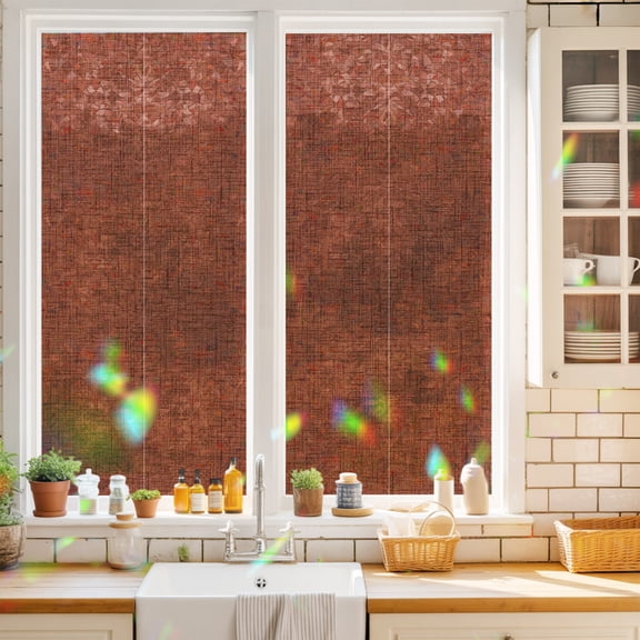 Brick Red Solid Window Privacy Film Minimalist Cloth Rust Grain Linen Texture Static Cling Stained Glass Window Film Non-Adhesive Decorative Decals Rainbow Sticker 17.7"X39.3"