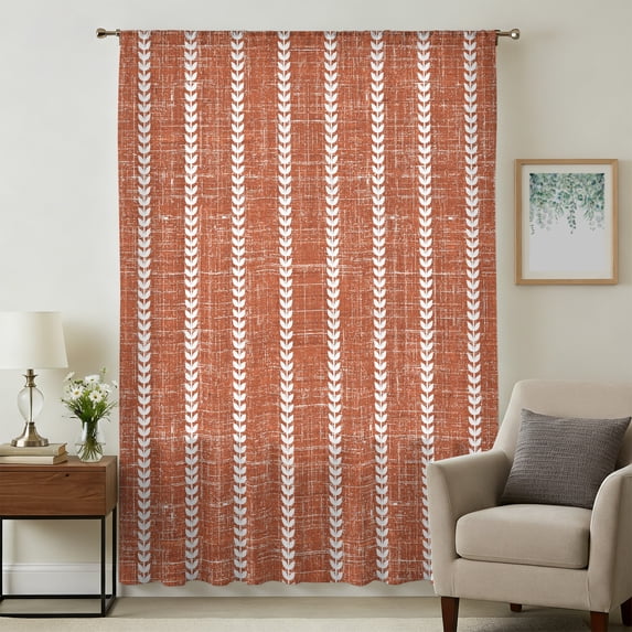 Brick Red Striped Sheer Curtains 96 Inches Long, Vintage Rustic Simple ...