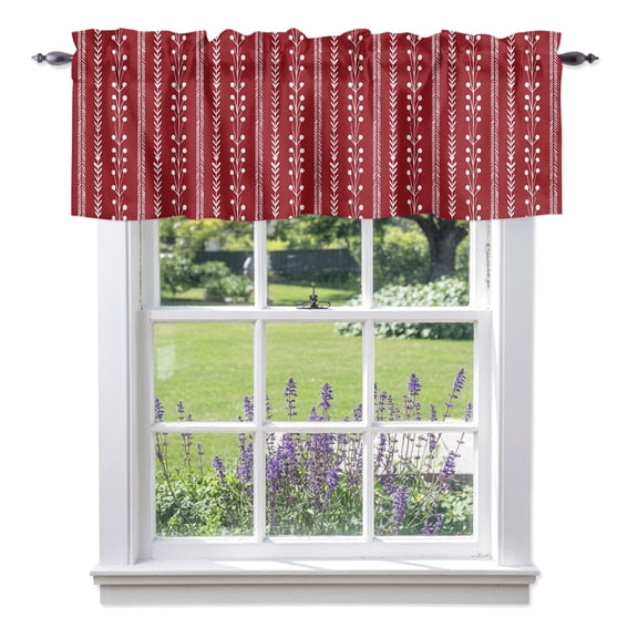 Brick Red Valances for Windows, Rustic Vertical Dashed Lines Shabby Chic Leaf Cottagecore Rod Pocket Short Window Valance Curtains Holiday Window Treatment for Kitchen Living Room Bathroom 42" x 18"