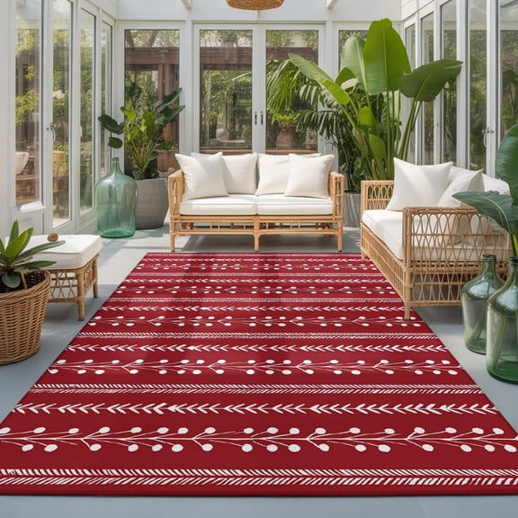 Brick Red Washable Living Room Rugs 9'x12', Rustic Vertical Dashed Lines Shabby Chic Leaf Cottagecore Washable Throw Large Area Rug Non-Slip Sturdy Edge Binding Carpet for Bedroom Dining Room Office