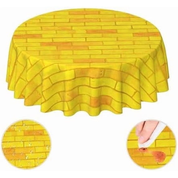 Brick Road Gold Yellow Waterproof Picnic Patio Party Round Table Cloth Cover Decorations Fabric 60 Inch Circular Tablecloth for 20-47 Inch Home Dining Room Kitchen Decor