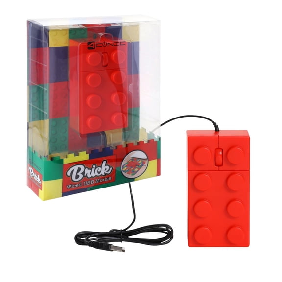 Brick Shaped Wired USB Computer Mouse, Building Block Inspired Design, Red
