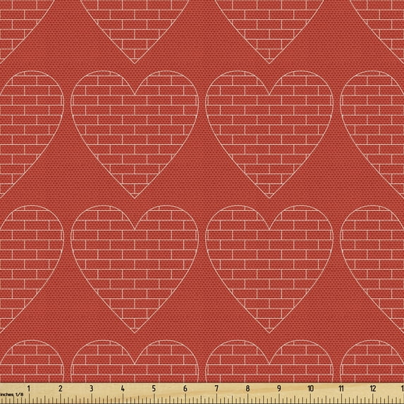 Ambesonne Brick Fabric by the Yard Upholstery, Vibrant Heart Shaped Blocks, 1 Yard, Vermilion Pale Salmon