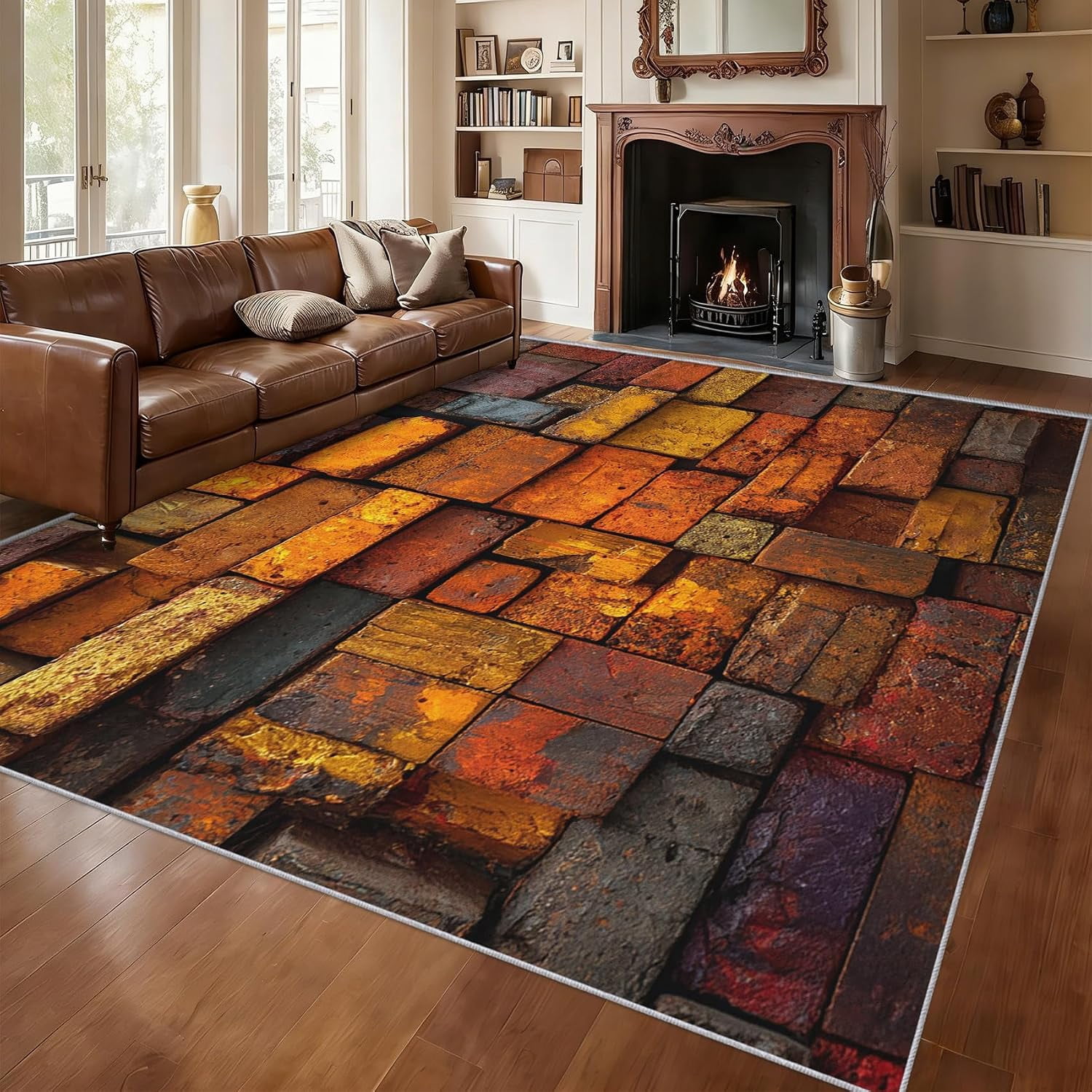 Fall Briks Patterns Brick Stone Wall Area Rugs, Brown Farmhouse Rustic Pattern Carpet ...