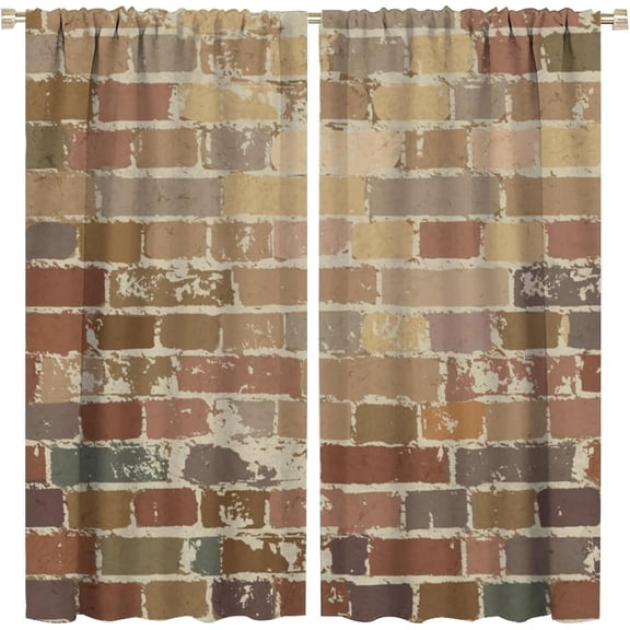 Brick Wall Curtains Vintage Style Colorful Rustic Brick Wall Art Print for Bedroom Living Room Bathroom Decor Rod Pocket Blackout Window Drape 52x84in