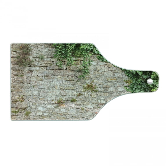 Brick Wall Cutting Board, Aged Old Stone Wall Partially Covered with Green Ivy Plant Growth Image, Decorative Tempered Glass Cutting and Serving Board, in 3 Sizes, by Ambesonne