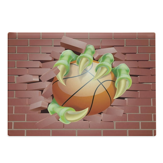 Brick Wall Cutting Board, Claw Beast Monster Hand Holds Basketball Through Brick Wall Paint, Decorative Tempered Glass Cutting and Serving Board, Large Size, Coral Orange Lime Green, by Ambesonne