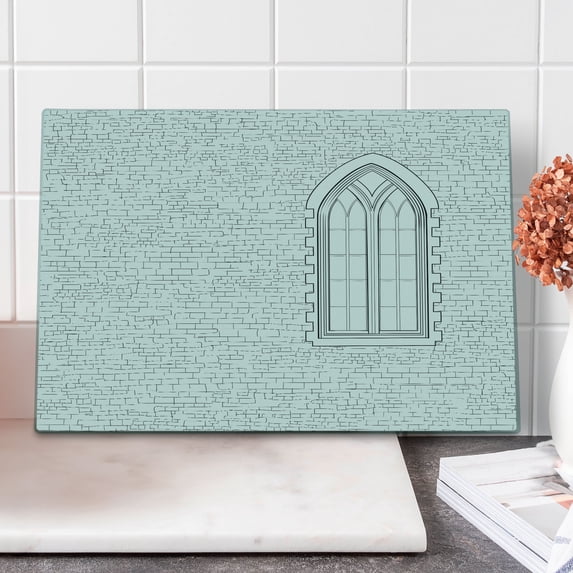 Brick Wall Cutting Board, Shabby Wall Sketch Pattern Architectural Building Facade with a Gothic Window, Decorative Tempered Glass Cutting and Serving Board, in 3 Sizes, by Ambesonne