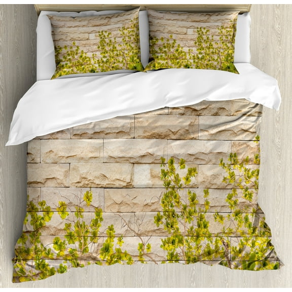 Brick Wall Duvet Cover Set, Ground Creepy Climbing Wood Ivy Plant Leaf on Brick Wall Nature Flower Invasion, Decorative 3 Piece Bedding Set with 2 Pillow Shams, Calking Size, Green White, by Ambesonne