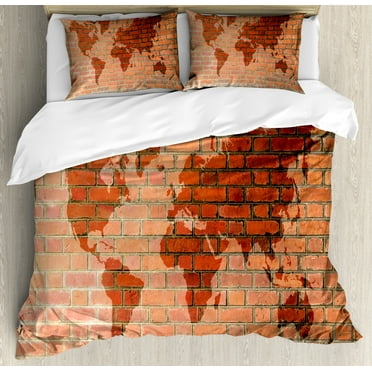 Brick Wall Duvet Cover Set, Brick Wall with World Atlas Map Reflection Pattern Contemporary, Decorative 3 Piece Bedding Set with 2 Pillow Shams, King Size, Orange, by Ambesonne