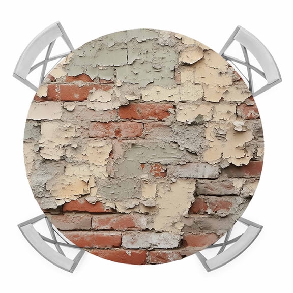 Brick Wall Elastic Fitted Round Table Cover Retro Style Waterproof Outdoor Tablecloth for Holiday Party, Picnic, Patio & Dining Fits Tables Up to 45"-54"