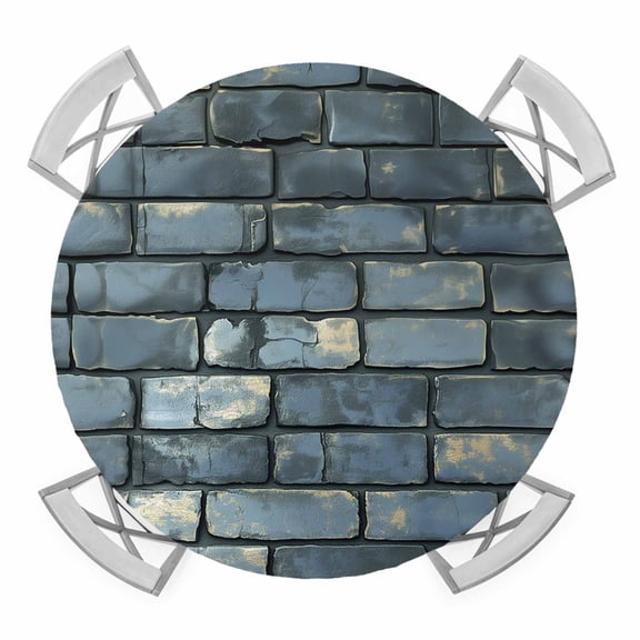 Brick Wall Elastic Fitted Round Table Cover Vintage Theme Stone Brick Waterproof Outdoor Tablecloth for Holiday Party, Picnic, Patio & Dining Fits Tables Up to 45"-54"