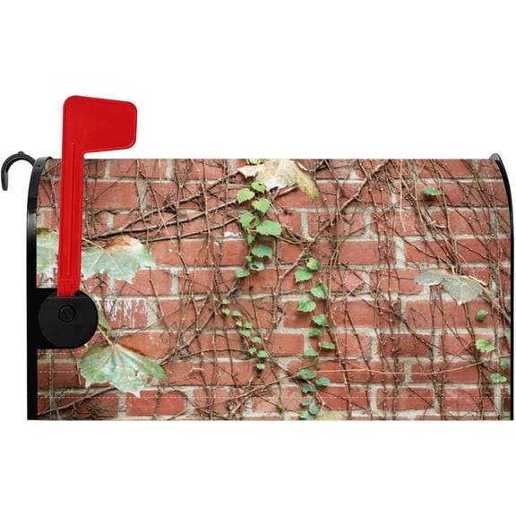 Brick Wall with Floral Mailbox Cover Countryside Rustic Style Magnetic Mailbox Covers Green Plants Post Letter Box Cover Garden Yard Outdoor Decoration Standard Size 21x18 Inch