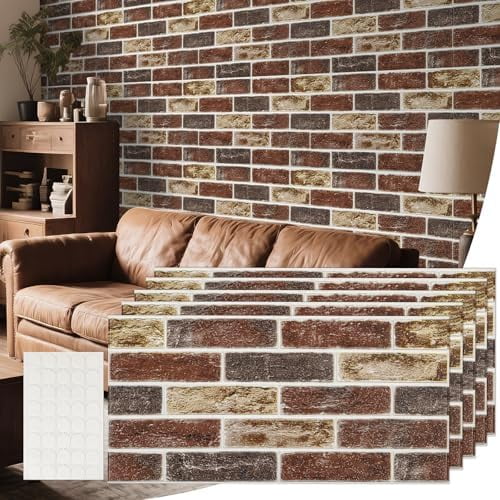 Brick Wall Panels Peel and Stick - 3D Faux Textured Stone Wallpaper - 20 Pcs Self Adhesive Waterproof Foam Tiles for Bathroom - Red Fireplace Decor Wallpanel - Kitchen Backsplash Covering Walls Tile