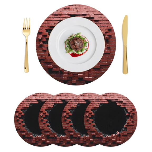 Brick Wall Round Placemats Set of 4 Brick Red Ruined Industrial Art Place Mats Indoor Woven Table Mats Washable Heat-Resistance Braided Dining Table Placemats for Kitchen Holiday Party Decor 15 Inch
