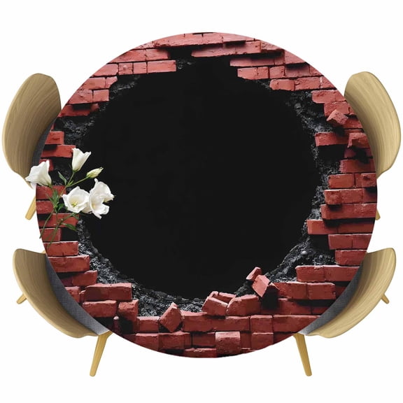 Brick Wall Round Tablecloth 45-54 Inch Round Fitted Table Cloth with Elastic Edge, Brick Red Ruined Industrial Art Waterproof Table Cover Protector for Outdoor Picnic Party Dining