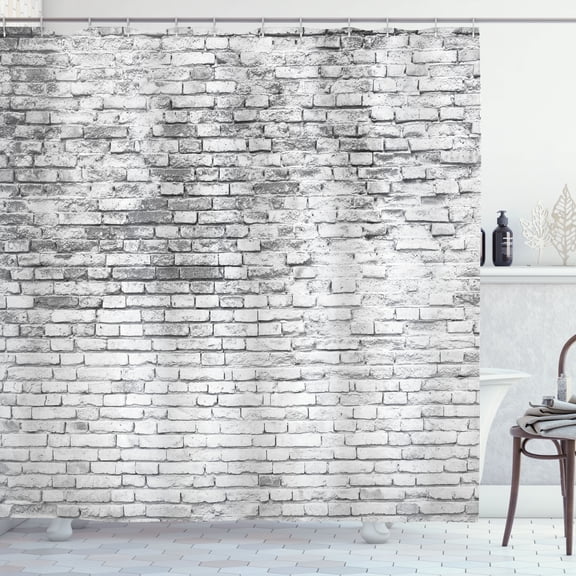 Brick Wall Shower Curtain, Worn and Cracked Grunge Stained Brick Wall Masonry Architecture Image Print, Cloth Fabric Bathroom Decor Set with Hooks, 75" Long, White Grey, by Ambesonne