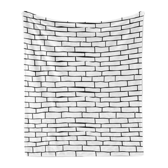 Brick Wall Soft Flannel Fleece Blanket, Black and White Hand-drawn Stonewall Design Urban Architecture City Theme, Cozy Plush for Indoor and Outdoor Use, 50" x 60", Black and White, by Ambesonne