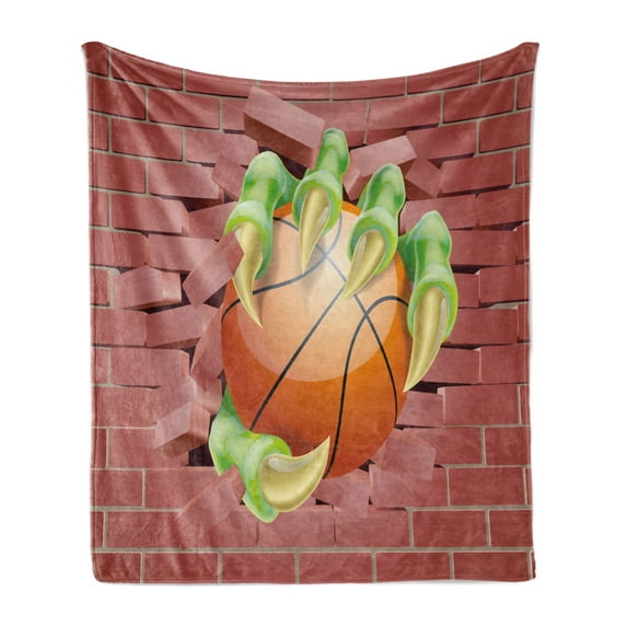 Brick Wall Soft Flannel Fleece Blanket, Claw Beast Monster Hand Holds Basketball Through Brick Wall Paint, Cozy Plush for Indoor and Outdoor Use, 50" x 70", Coral Orange Lime Green, by Ambesonne