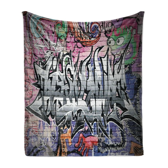 Brick Wall Soft Flannel Fleece Blanket, Graffiti Grunge Art Wall Several Creepy Underground City Urban Landscape Print, Cozy Plush for Indoor and Outdoor Use, 70" x 90", Multicolor, by Ambesonne