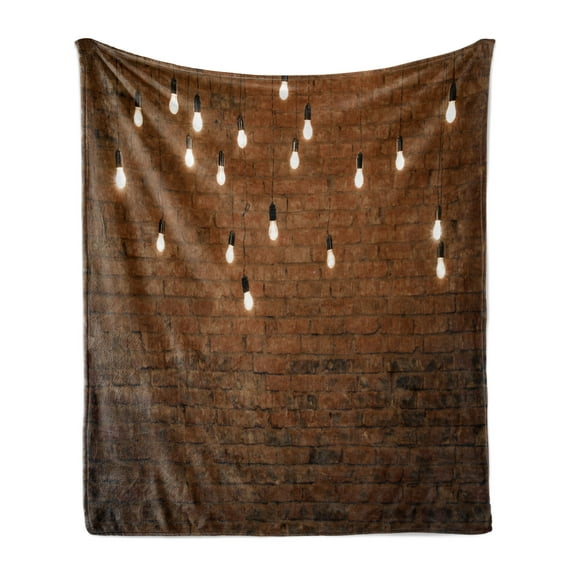 Brick Wall Soft Flannel Fleece Blanket, Performance Center Interior with a Brown Brick Wall Entertainment, Cozy Plush for Indoor and Outdoor Use, 60" x 80", Brown Black Pale Yellow, by Ambesonne