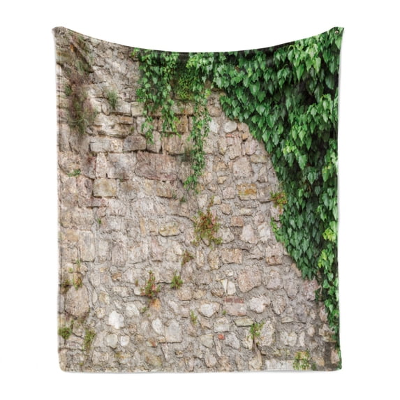 Brick Wall Soft Flannel Fleece Throw Blanket, Aged Old Stone Wall Partially Covered with Green Ivy Plant Growth Image, Cozy Plush for Indoor and Outdoor Use, 50" x 60", Beige Fern Green, by Ambesonne