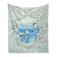 thumbnail image 1 of Brick Wall Soft Flannel Fleece Throw Blanket, Breaking Effect 3D Wall Greece Santorini Landscape, Cozy Plush for Indoor and Outdoor Use, 50" x 60", Pale Green Pale Blue, by Ambesonne, 1 of 5