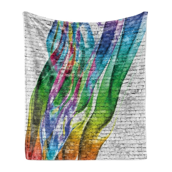 Brick Wall Soft Flannel Fleece Throw Blanket, Colorful Grunge Scribbled Drawing on Surface Town Counter Culture Artisan, Cozy Plush for Indoor and Outdoor Use, 60" x 80", Multicolor, by Ambesonne