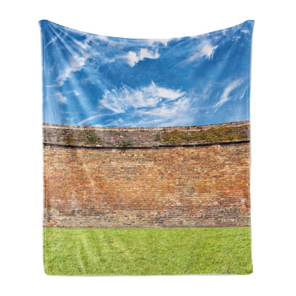 Brick Wall Soft Flannel Fleece Throw Blanket, Horizontal Brick Wall Field Dramatic Achitecture Landmark Urban Print, Cozy Plush for Indoor and Outdoor Use, 50" x 70", Red Green, by Ambesonne