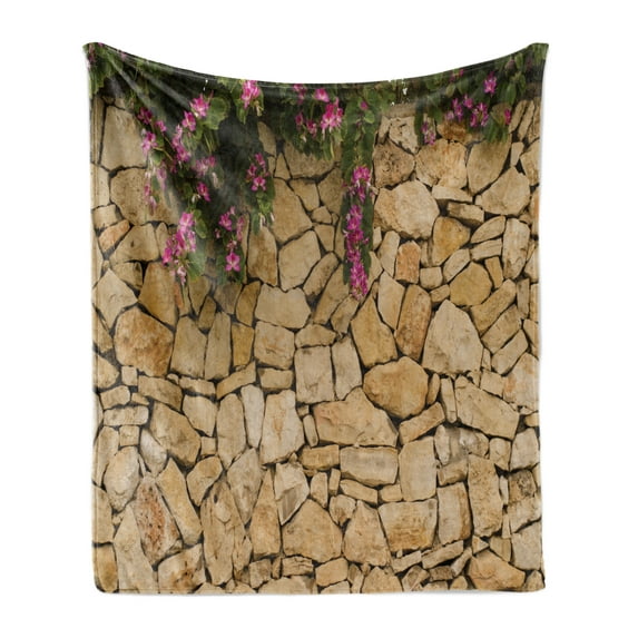 Brick Wall Soft Flannel Fleece Throw Blanket, Stone Wall with Blossoming Bauhinia Growing Orchid Tree Flowers, Cozy Plush for Indoor and Outdoor Use, 60" x 80", Beige Dark Green Magenta, by Ambesonne