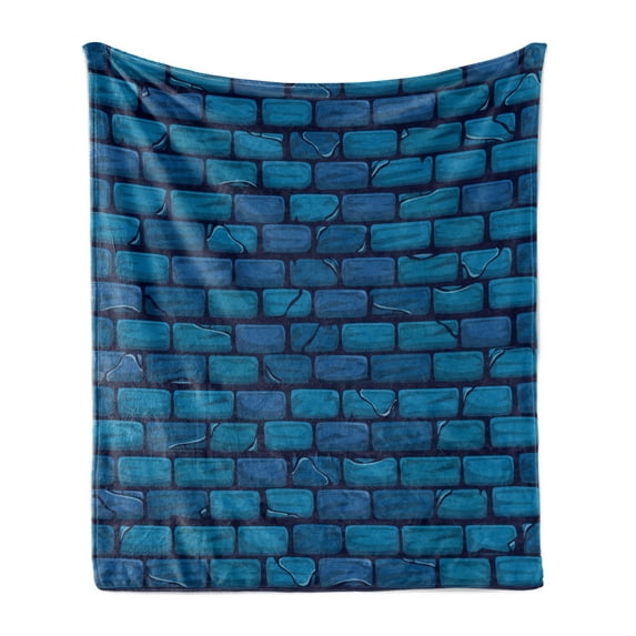 Brick Wall Soft Flannel Fleece Throw Blanket, Stone Wall Pattern Illustration with Bricks in Blue Color Shades, Cozy Plush for Indoor and Outdoor Use, 70" x 90", Blue Petrol Blue, by Ambesonne