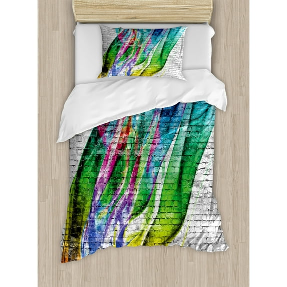 Brick Wall Twin Size Duvet Cover Set, Colorful Grunge Scribbled Drawing on Surface Town Counter Culture Artisan Icon, Decorative 2 Piece Bedding Set with 1 Pillow Sham, Multicolor, by Ambesonne