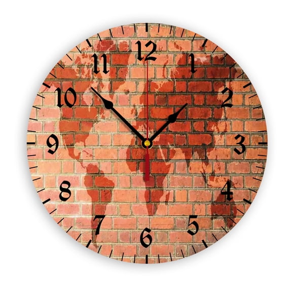 Brick Wall with World Wall Clock, Battery Operated, PVC Round Silent Non-Ticking Clock with Clear Numbers for Living Room, Kitchen, Bedroom, Office, School Decor 10inch-25cm
