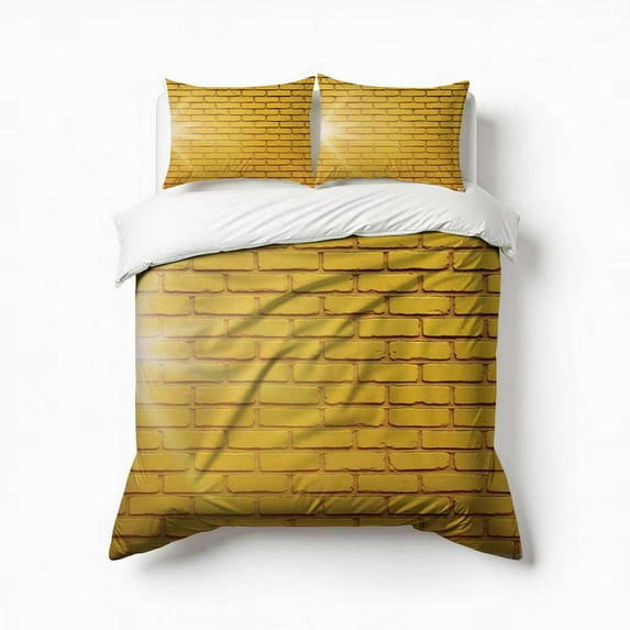 Brick Wall, Yellow Brick Stone Wall Sunlight Bedding Set 3 Pcs Soft Microfiber Quilt Cover For Bedroom Decor, Comforter Cover With 2 Pillowcase