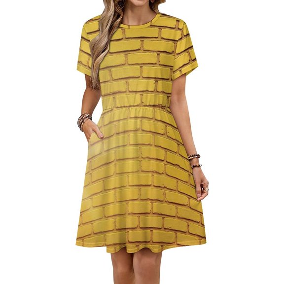 Brick Wall, Yellow Brick Stone Wall Sunlight Short Sleeve Dress Women Summer Evening Dresses Ladies Sundress